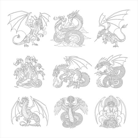 Dragon icon set in line art style isolated on white background vector illustrationのイラスト素材