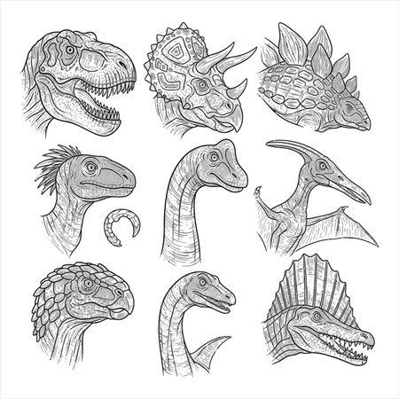 Dinosaur head vector set. Hand drawn illustration of dinosaurs head.のイラスト素材