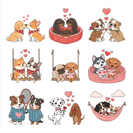 A charming collection of various cute cartoon dog breeds depicting themes of love, friendship, and family bonds. Illustrations show pairs of dogs kissing, sharing roses, reading books together, swinging on swings, and resting in hammocks, all surrounded by hearts. Ideal for Valentine's Day, pet care, or children's designs.のイラスト素材