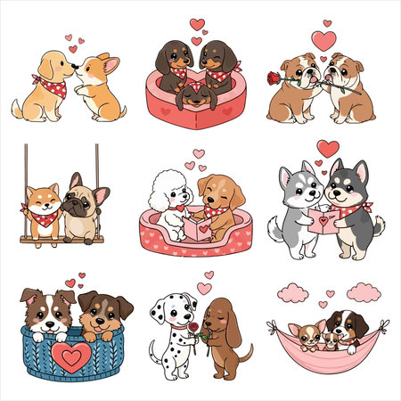 A charming collection of nine distinct cartoon illustrations featuring adorable dog couples in various loving and playful poses. Each puppy pair expresses affection, companionship, and joy, often surrounded by hearts, roses, or gifts. This heartwarming set is perfect for Valentine's Day, pet themes, and romantic designs, embodying happiness.のイラスト素材