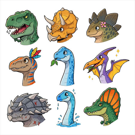 This vibrant vector illustration features a diverse collection of nine cartoon dinosaur heads, each with a unique personality and expression. Including popular species like T-Rex, Triceratops, Stegosaurus, and more, this playful set is perfect for children's books, educational materials, game design, and merchandise. Ideal for projects needing cute and friendly prehistoric creature characters on a white or transparent background.のイラスト素材