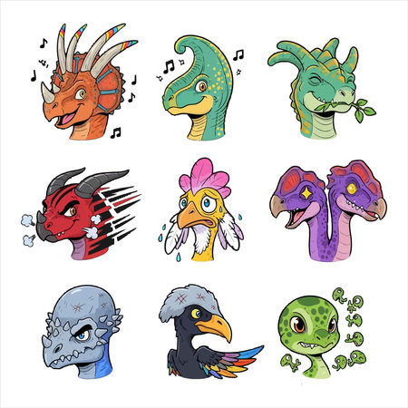 A vibrant assortment of nine distinct cartoon creature head illustrations, each showcasing unique features and expressions. This lively collection includes various dinosaur species, a comical chicken, a fierce dragon, and fantastical creatures, perfect for children's books, games, and fun design projects.のイラスト素材