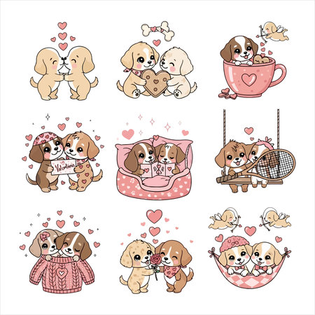 Collection of charming cartoon puppy pairs showcasing various expressions of love and friendship. Illustrations feature dogs hugging, kissing, playing, and sharing romantic moments, perfect for Valentine's Day, anniversaries, or any occasion celebrating affection. Cute and heartwarming vector art.のイラスト素材