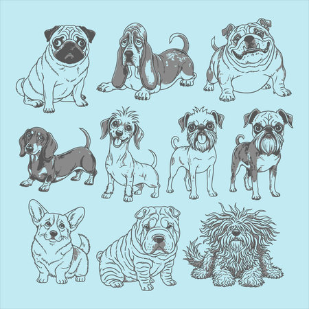 set of vector illustrations of dog breeds - english bulldog, pug, chihuahua, dachshundのイラスト素材