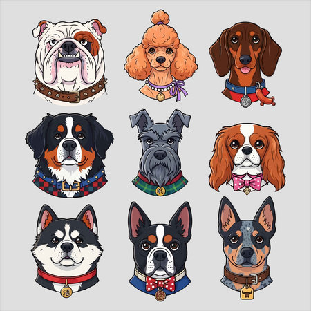 Set of vector cartoon portraits of dogs. Different breeds of dogs.のイラスト素材