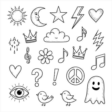 Set of hand drawn doodle icons. Vector illustration isolated on white background.のイラスト素材