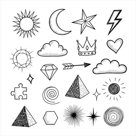 Set of hand drawn doodle stars, sun, moon, clouds, sun and other elements.のイラスト素材
