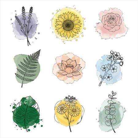 Set of hand drawn watercolor flowers and plants. Vector illustration.のイラスト素材