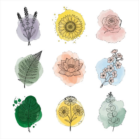 Vector set of hand drawn watercolor flowers, leaves and plants.のイラスト素材