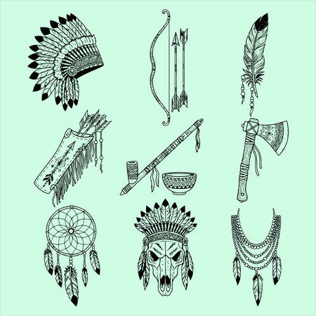 Native american indian chief headdress set. Vector illustration.のイラスト素材
