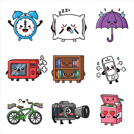 Cute cartoon alarm clock, camera, bookshelf, book, umbrella, bicycle and other items. Vector illustration.のイラスト素材
