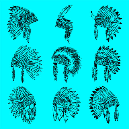 Native american indian headdress. Set of hand drawn vector illustrations.のイラスト素材