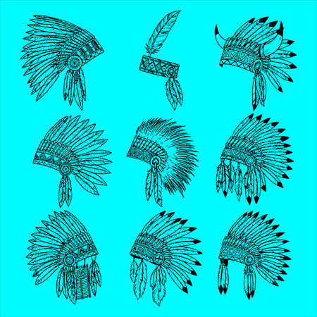 Hand drawn indian headdress with feathers. Set of vector illustrations.のイラスト素材