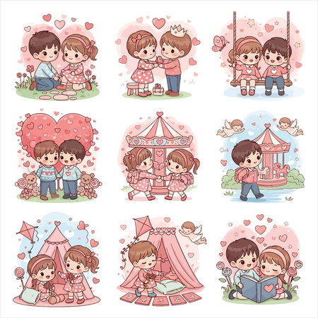 Cute cartoon children playing in the park. Vector illustration set.のイラスト素材