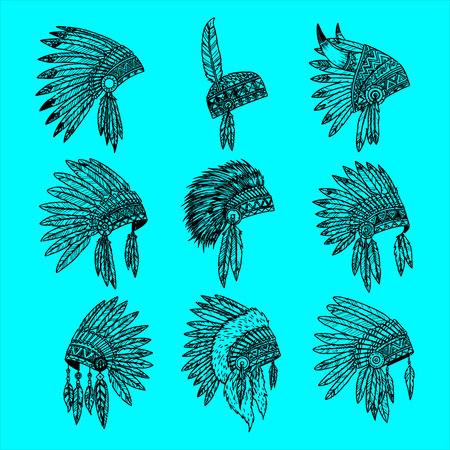 Vector set of hand drawn indian headdress isolated on blue backgroundのイラスト素材