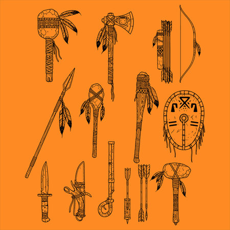 Native american indian symbols set. Hand drawn vector illustration.のイラスト素材