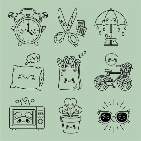 Set of cute hand drawn doodle icons. Vector illustration.のイラスト素材