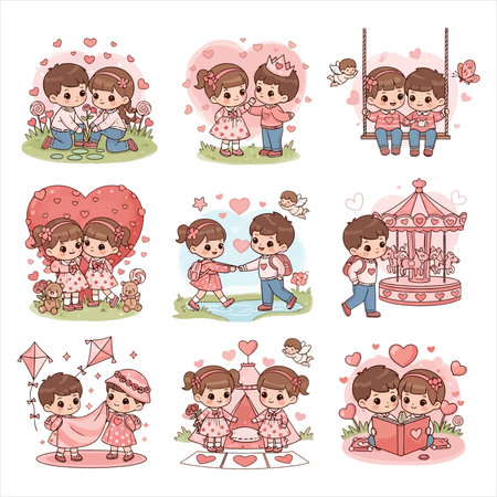Cute cartoon valentine's day characters vector illustration set.のイラスト素材