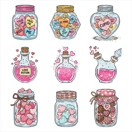 Set of vector hand drawn glass jars with hearts and candies.のイラスト素材