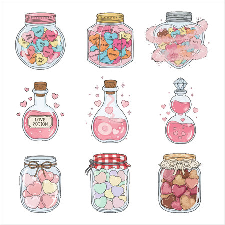 Set of cute hand drawn hearts in glass jars. Vector illustration.のイラスト素材