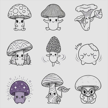Set of cute mushrooms in cartoon style. Hand drawn vector illustration.のイラスト素材