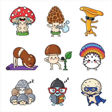 Funny mushrooms cartoon set. Vector illustration. Isolated on white background.のイラスト素材