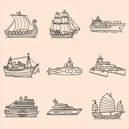Set of different types of ships. Vector illustration on beige background.のイラスト素材