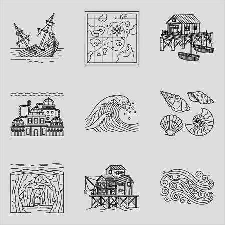 Vector set of hand drawn doodle nautical icons isolated on white backgroundのイラスト素材