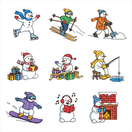 Winter sports icons set. Snowman, skier, snowman, boy, girl, boy, vector illustrationのイラスト素材