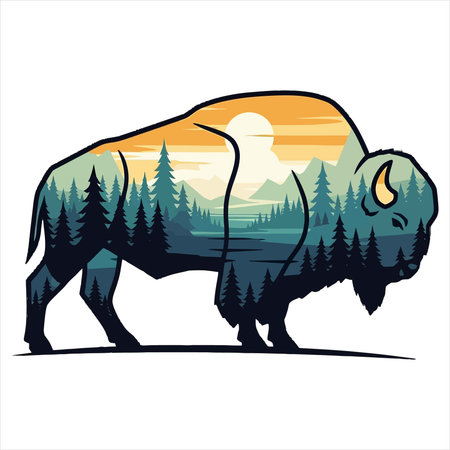 Bison in the forest. Wild bison. Vector illustration.のイラスト素材