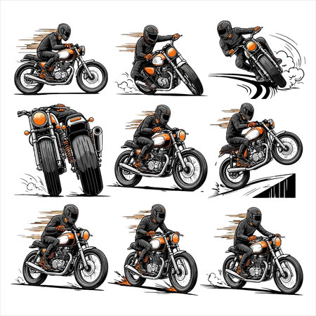 A dynamic set of illustrations showcasing a motorcyclist in various action-packed poses, riding an orange motorcycle with a black and white design. The rider, dressed in a black helmet and gloves, exudes a sense of speed and thrill as they navigate through different scenarios, from speeding down the road to performing stunts. Perfect for projects requiring a bold, high-energy visual, this set captures the essence of adventure and freedom associated with motorcycle culture.のイラスト素材