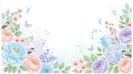 Floral background with roses, birds and butterflies. Vector illustration.のイラスト素材