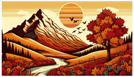 autumn landscape with mountains and river, vector illustration for your designのイラスト素材