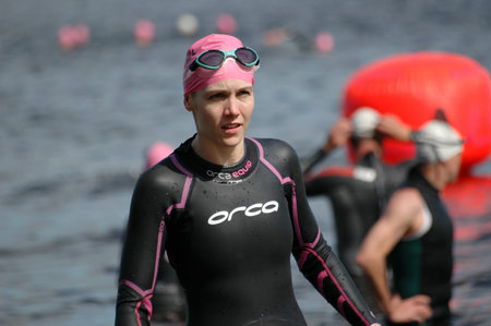 Young woman after the warm-up session. Ottawa Riverkeeper Triathlon 2009. のeditorial素材