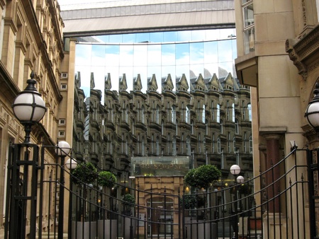 Window reflections at The Bourse, Boar Lane, Leeds, UK.のeditorial素材
