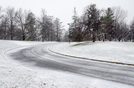The snow falls for the first time this winter in the Central Experimental Farm and Arboretum in Ottawa, Ontario, Canada の写真素材