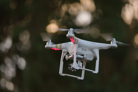 Great Malvern, United Kingdom, 27th December, 2020: Selective focus side view of hovering remote...