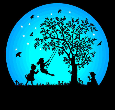 the child plays at night with the bird starのイラスト素材