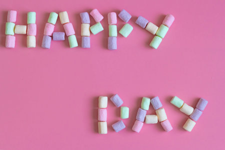 marshmallow pattern background, pastel color dessert, sweet food text happy day