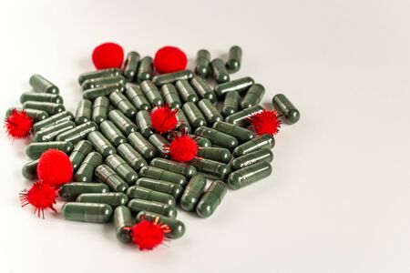 Covid-19. Abstract virus strain model of MERS-Cov with tablets. Syndrome coronavirus and Novel coronavirus 2019-nCoV. Virus Concept with copy spaceの写真素材