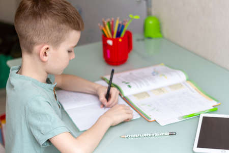 Distance learning online education. Schoolboy studying at home and doing school homework. Sitting chair with training booksの写真素材