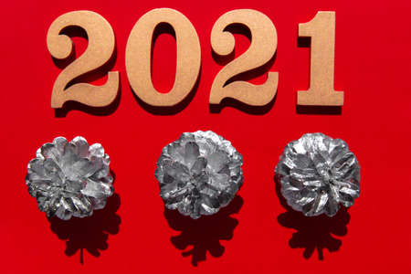 New year red background with shiny golden numbers 2021 and silver pine cone. Minimalistic concept at red paper with hard shadows.の写真素材