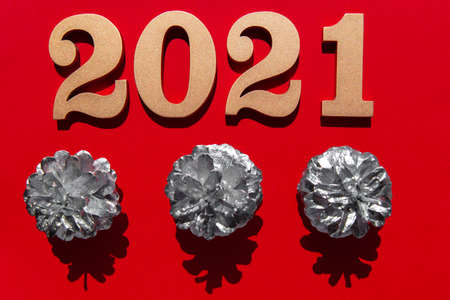 New year red background with shiny golden numbers 2021 and silver pine cone. Minimalistic concept at red paper with hard shadows.の写真素材