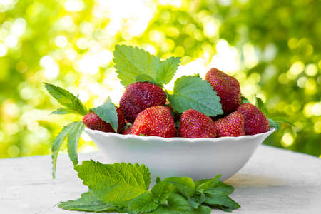 Strawberry with lemon mint in white plate on green backgroundの写真素材