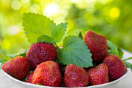 Strawberry with lemon mint leaves in white plate on green backgroundの写真素材