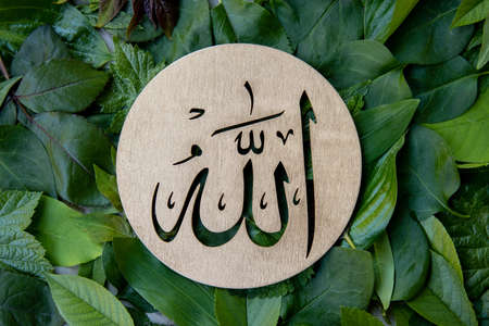 Name of Allah in arabic on gold wood, green leaves background. Calligraphy means the God Al Mighty of Islam Religion.の写真素材
