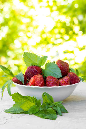 Strawberry with lemon mint in white plate on green backgroundの写真素材