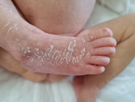 Newborn baby feet with flaky dry skin. Infant after born with very dry, wrinkled, cracked skin on...