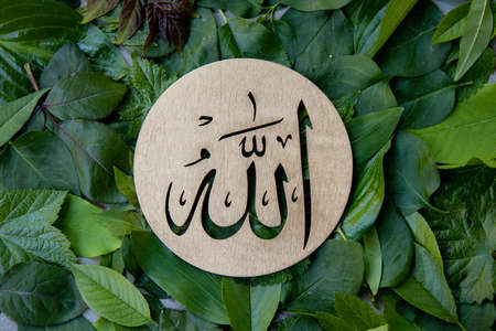 Name of Allah in arabic on gold wood, green leaves and dates fruit background. Calligraphy means the God Al Mighty of Islam Religion.の写真素材