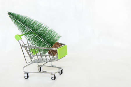 Xmas tree in shopping cart on white background with copy spaceの写真素材